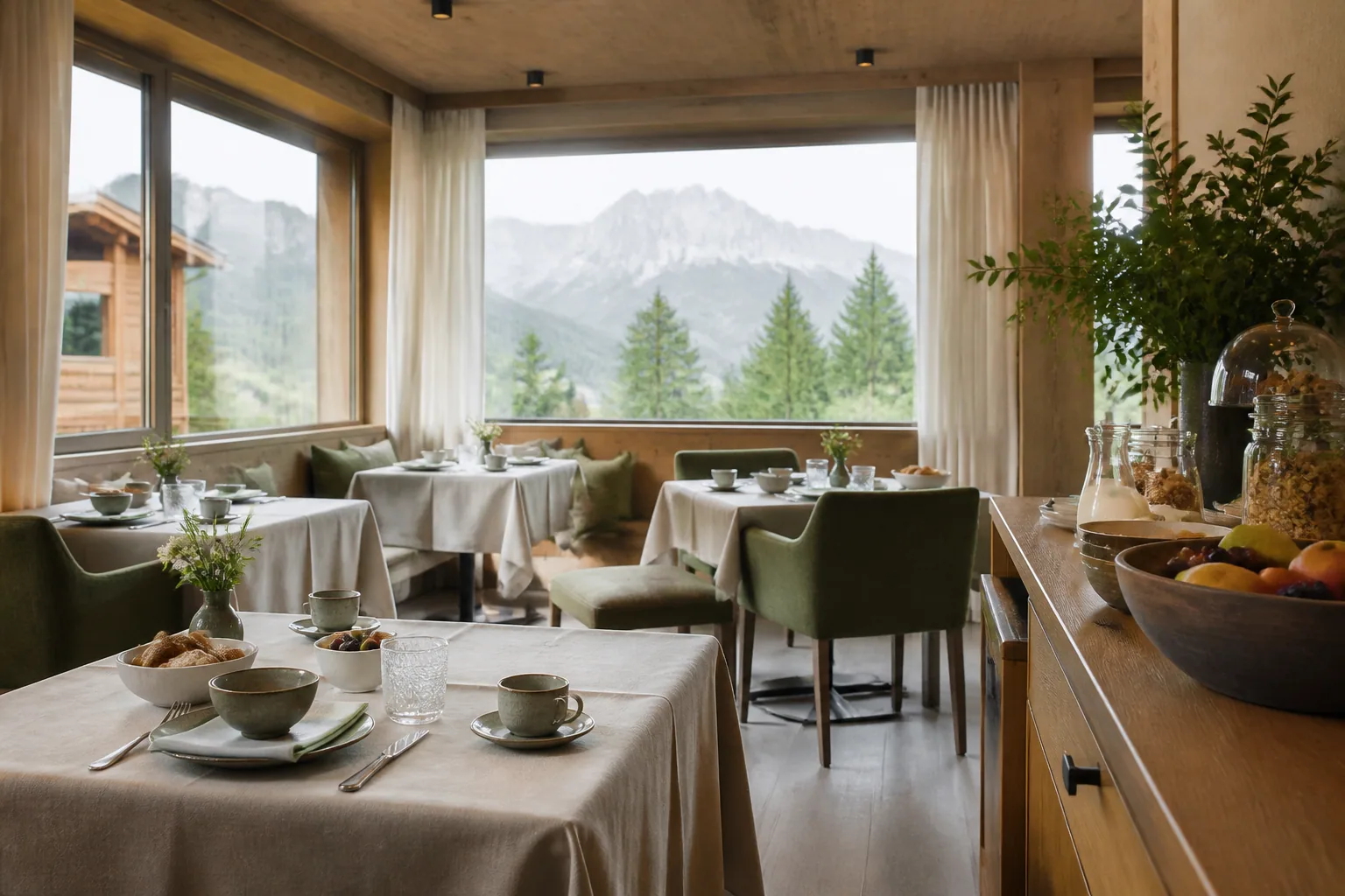 Sala colazione di un hotel alpino preparata per gli ospiti